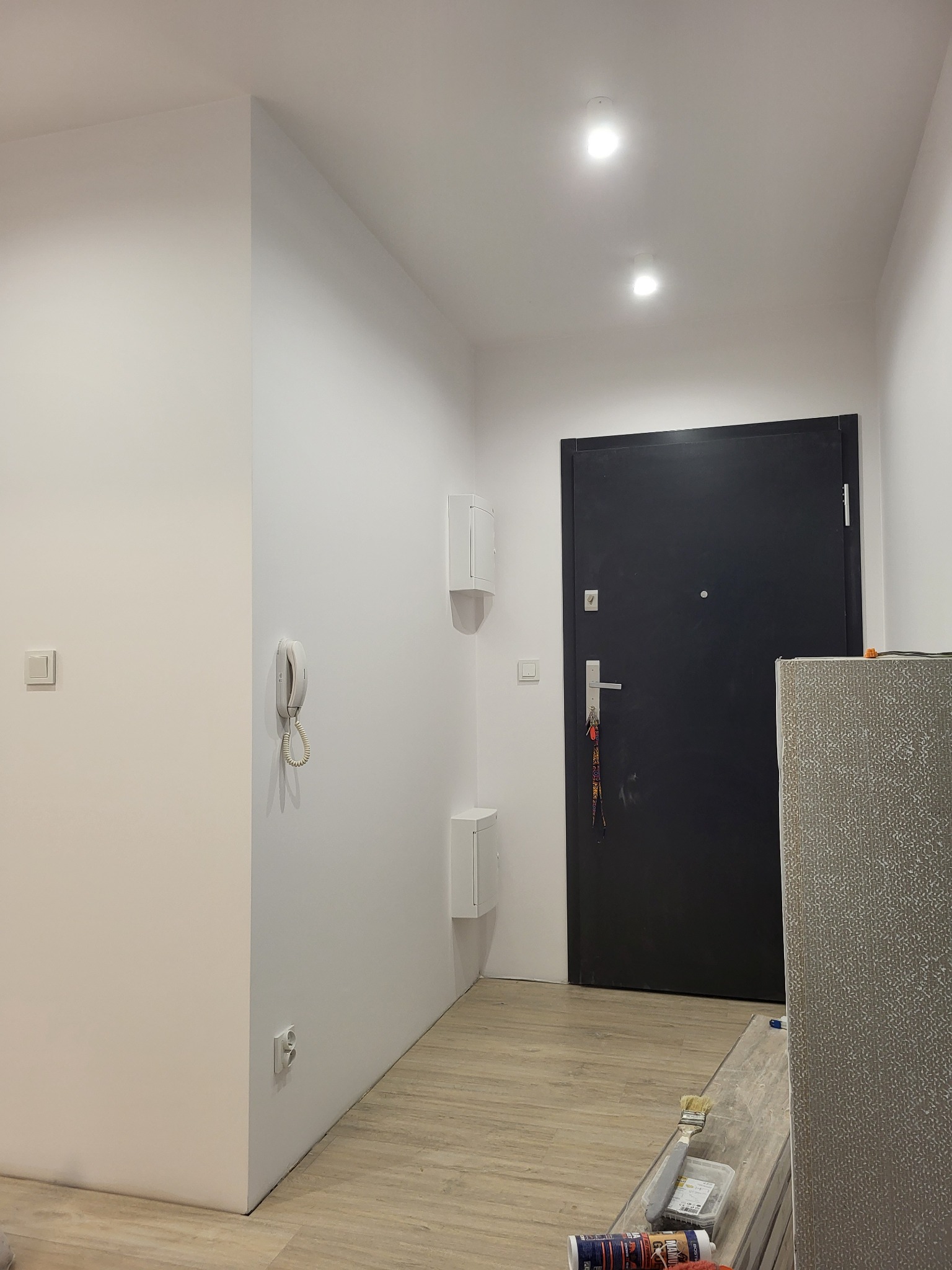 Przedpokój po remoncie: świeżo pomalowane białe ściany, ułożone panele podłogowe w odcieniach beżu, czarne drzwi wejściowe, widoczne ślady po pracach wykończeniowych - pędzel i opakowanie po...