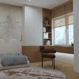 Pok&oacute;j dziecięcy w neutralnych barwach z ł&oacute;żkiem, biurkiem z drewnianym blatem, krzesłem w kolorze brązowym, regałem wnękowym z dekoracjami i tapetą z motywem drzewa i ptak&oacute;w.