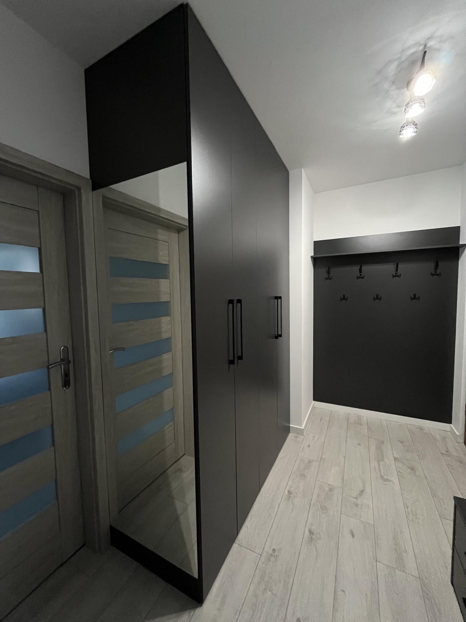 Szafa w przedpokoju, ciemny szary z czarnymi uchwytami