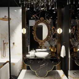 Elegancka łazienka w czarno-złotej kolorystyce z marmurowymi ścianami, owalnym lustrem w bogato zdobionej złotej ramie, dwoma umywalkami nablatowymi i dekoracyjnym żyrandolem.