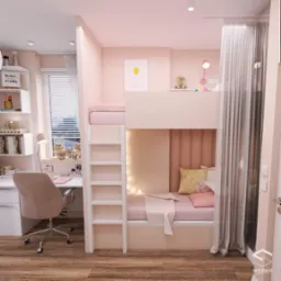 Pokój dziecięcy w odcieniach różu z łóżkiem piętrowym, biurkiem i regałem na książki, oświetlony lampkami.
