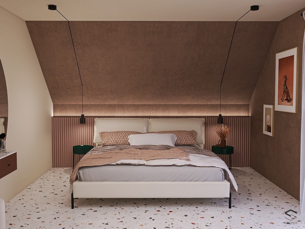 Sypialnia na poddaszu z łóżkiem w stylu minimalistycznym, brązowymi ścianami i podłogą w terazzo, oświetlona lampami wiszącymi.
