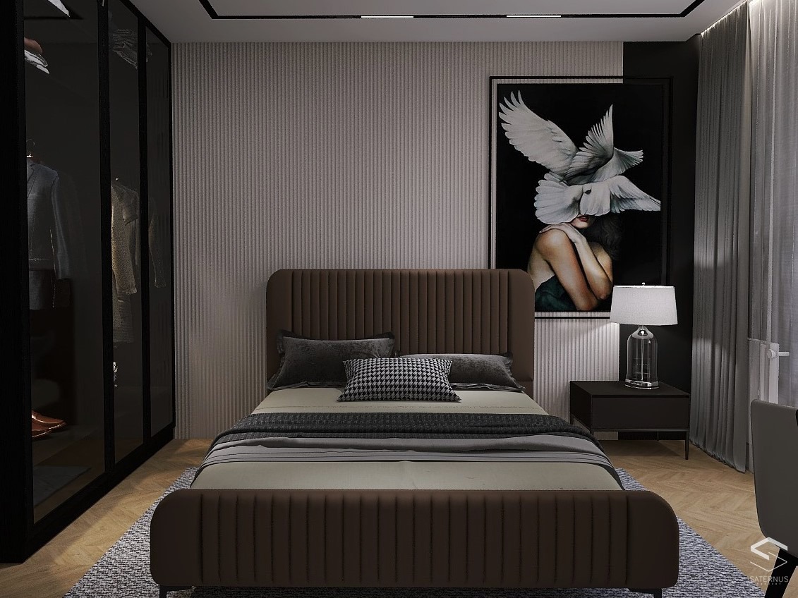 Nowoczesna sypialnia z tapicerowanym łóżkiem w odcieniach brązu, szafą w zabudowie i obrazem kobiety z gołębiami nad łóżkiem.