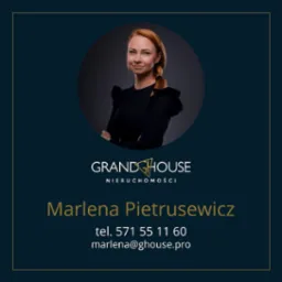 Wizytówka firmy Grand House Nieruchomości z portretem uśmiechniętej agentki, Marlena Pietrusewicz, oraz danymi kontaktowymi.
