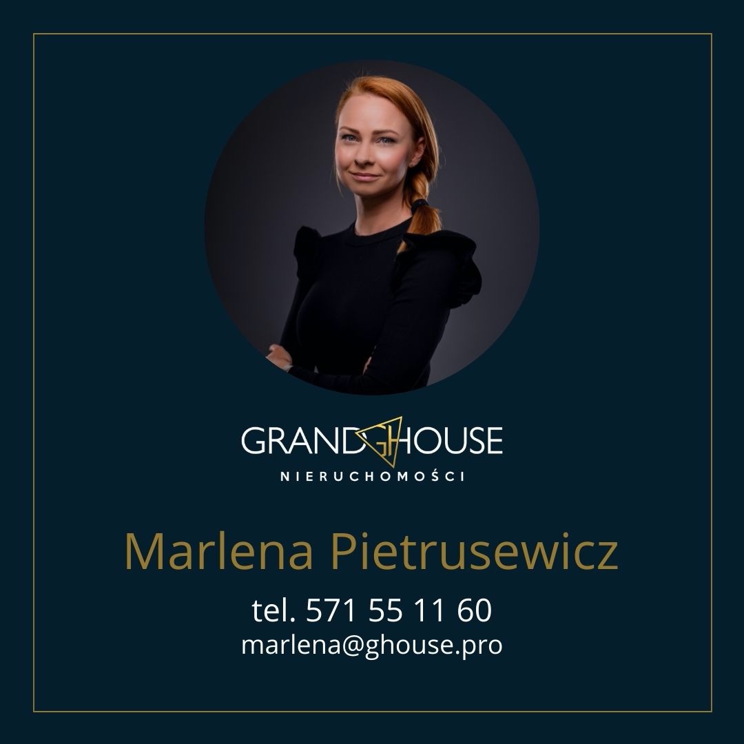 Wizytówka firmy Grand House Nieruchomości z portretem uśmiechniętej agentki, Marlena Pietrusewicz, oraz danymi kontaktowymi.