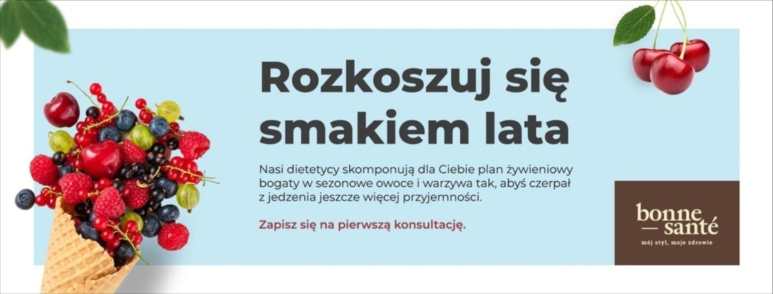 Promocja dietetyczna: Wafelkowy rożek wypełniony sezonowymi owocami (maliny, jagody, porzeczki) na tle jasnoniebieskim, z tekstem 'Rozkoszuj się smakiem lata' i logo 'bonne-santé'.