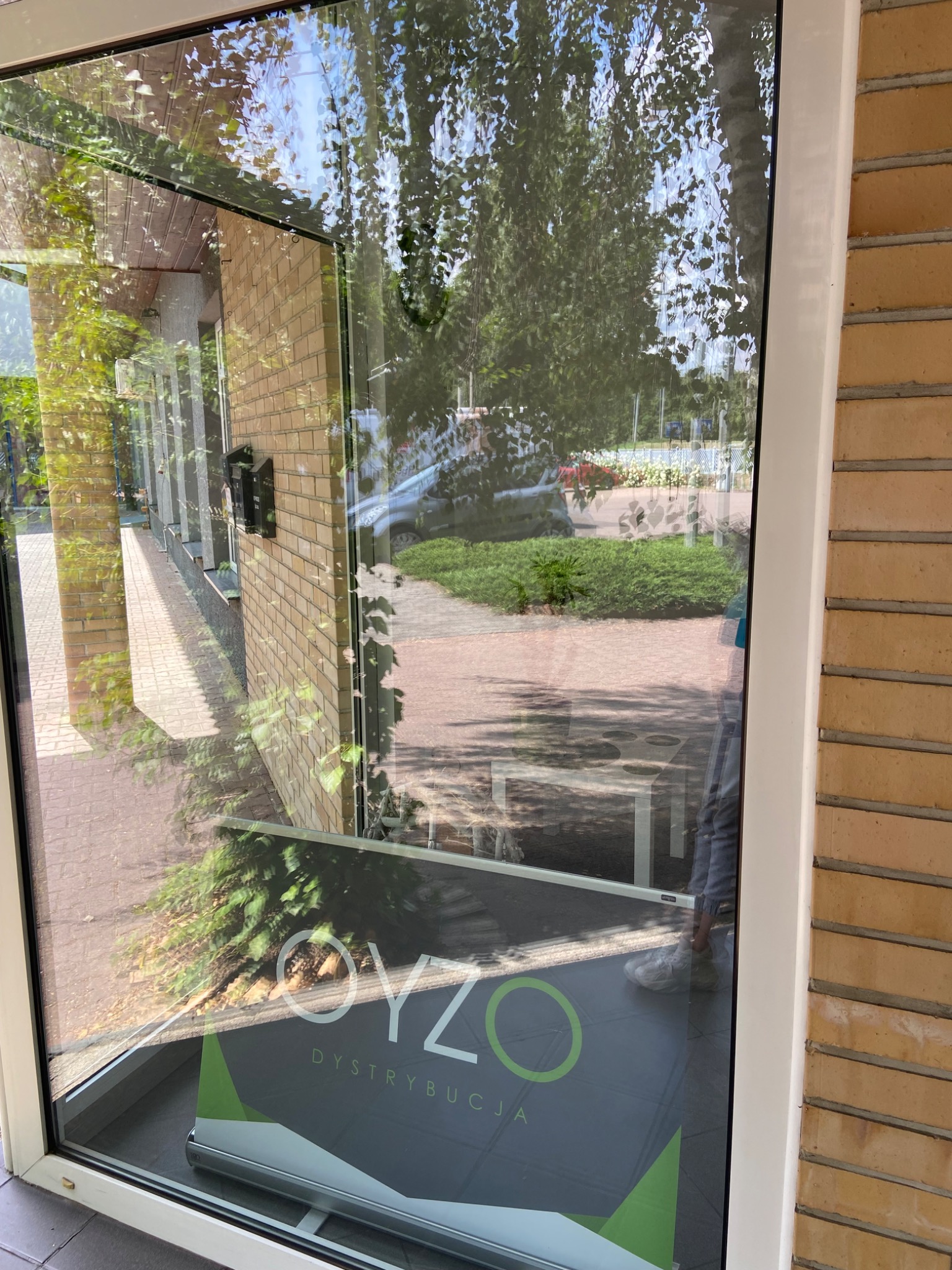 Wysokie okno biurowe z widocznym banerem reklamowym firmy OYZO Dystrybucja, odbijające otoczenie zewnętrzne z drzewami i chodnikiem.