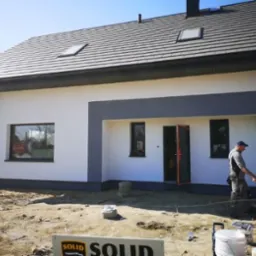 Nowoczesny dom jednorodzinny z białą elewacją i szarymi akcentami, malowany przez pracownika w niebieskiej czapce, widoczne puszki farby i logo SOLID.