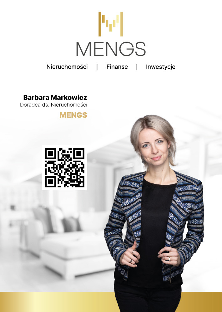 Portret Barbary Markowicz, doradcy ds. nieruchomości MENGS, z kodem QR i rozmytym tłem wnętrza salonu.