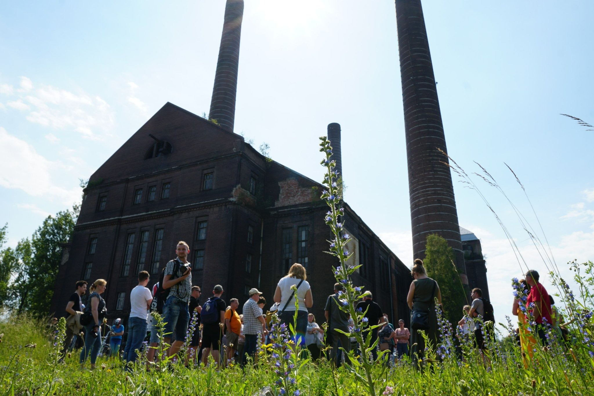 Grupa turystów zwiedza starą, ceglaną fabrykę z trzema wysokimi kominami, otoczoną łąką z kwitnącymi kwiatami.