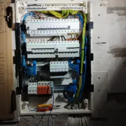 Rozdzielnia elektryczna Schneider z precyzyjnie ułożonymi przewodami w kolorach: niebieskim, żółto-zielonym i brązowym, zamontowana na surowej ścianie. Widoczne narzędzia.