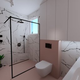 Studio 3rd floor - Wizualizacja nowoczesnej łazienki z kabiną prysznicową typu walk-in, umywalką nablatową i podwieszaną toaletą, wykończonej płytkami imitującymi marmur z czarnymi żyłami i elementami w kolorze...