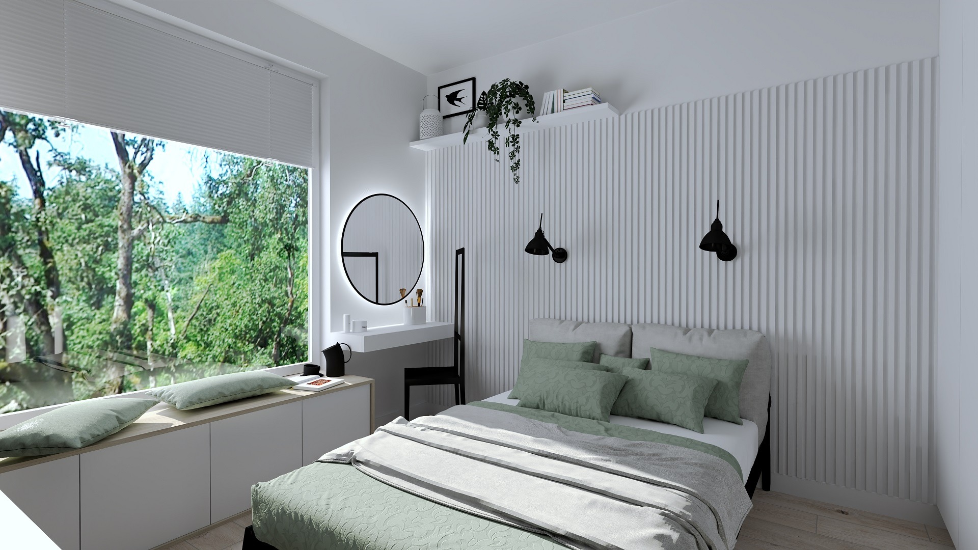 Nowoczesna sypialnia z dużym oknem z widokiem na las, białe panele ścienne, okrągłe lustro z podświetleniem, minimalistyczne lampki nocne i zielone akcenty w pościeli i poduszkach.