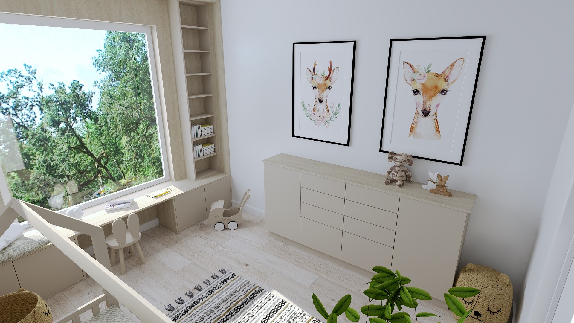Wizualizacja pokoju dziecięcego z łóżkiem w kształcie domku, biurkiem przy oknie z widokiem na drzewa, komodą z dekoracjami i obrazkami z motywem zwierzęcym.