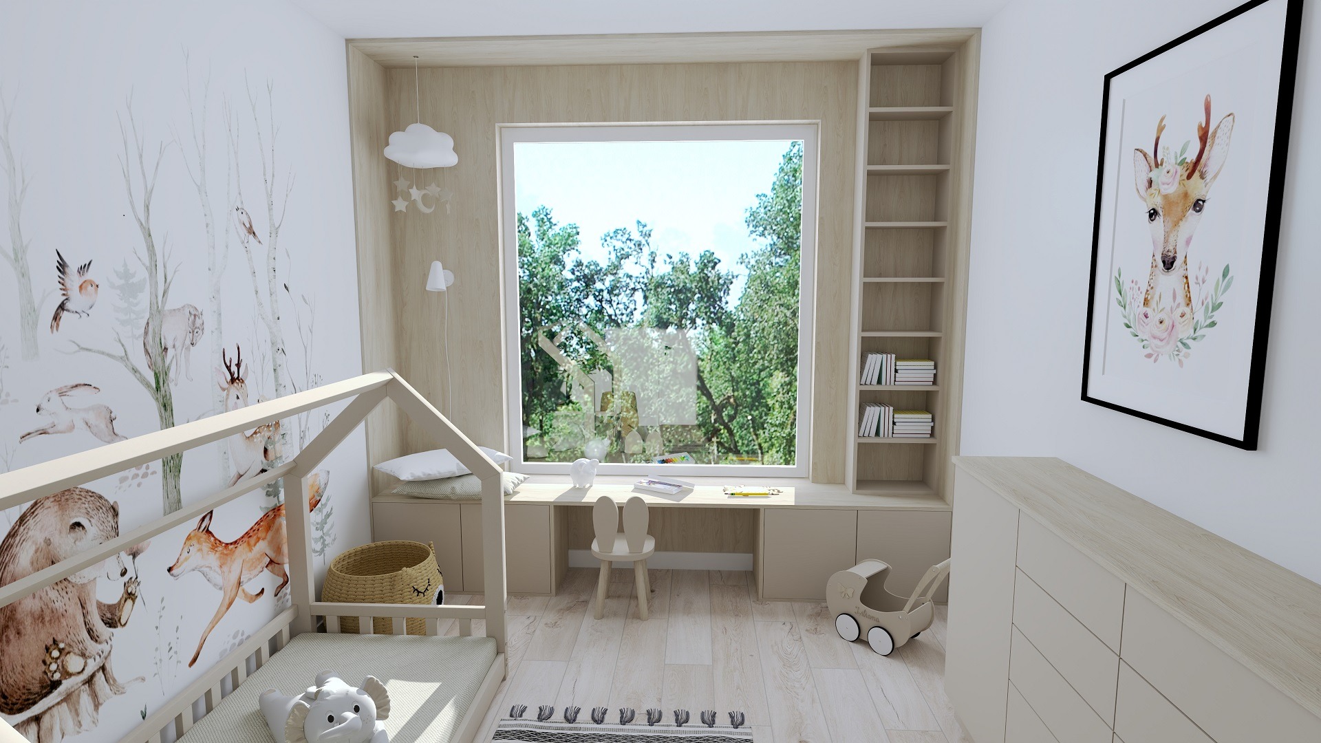 Pokój dziecięcy w neutralnych barwach z motywem leśnych zwierząt na tapecie, drewnianym łóżkiem w kształcie domku, biurkiem wbudowanym w okno z widokiem na zieleń, krzesłem z uszami królika...