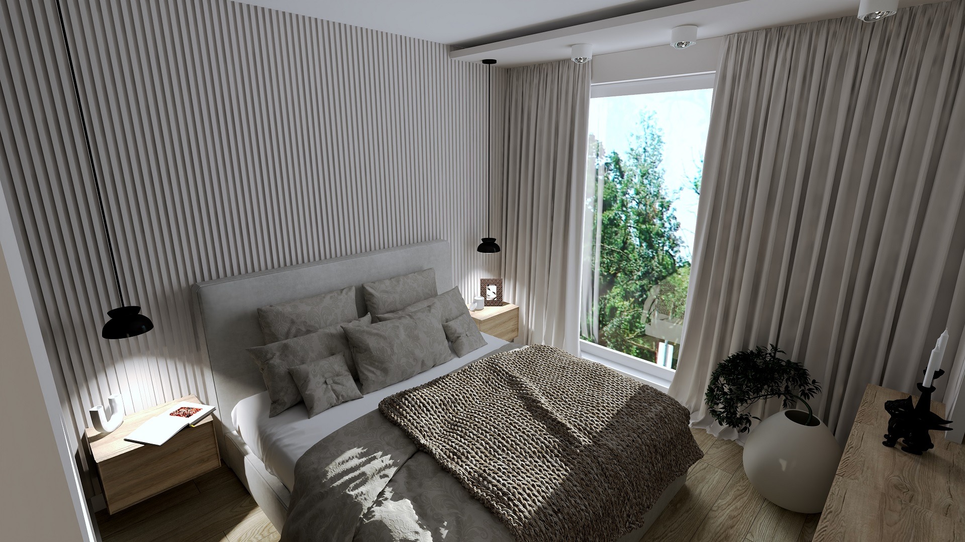 Wizualizacja sypialni z łóżkiem, dwiema szafkami nocnymi, oknem z zasłonami i ścianą z pionowymi panelami dekoracyjnymi.
