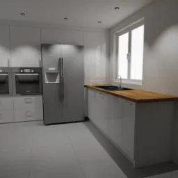 Wizualizacja nowoczesnej kuchni z białymi frontami szafek, drewnianym blatem, wbudowanymi piekarnikami i dużą lodówką z kostkarką.