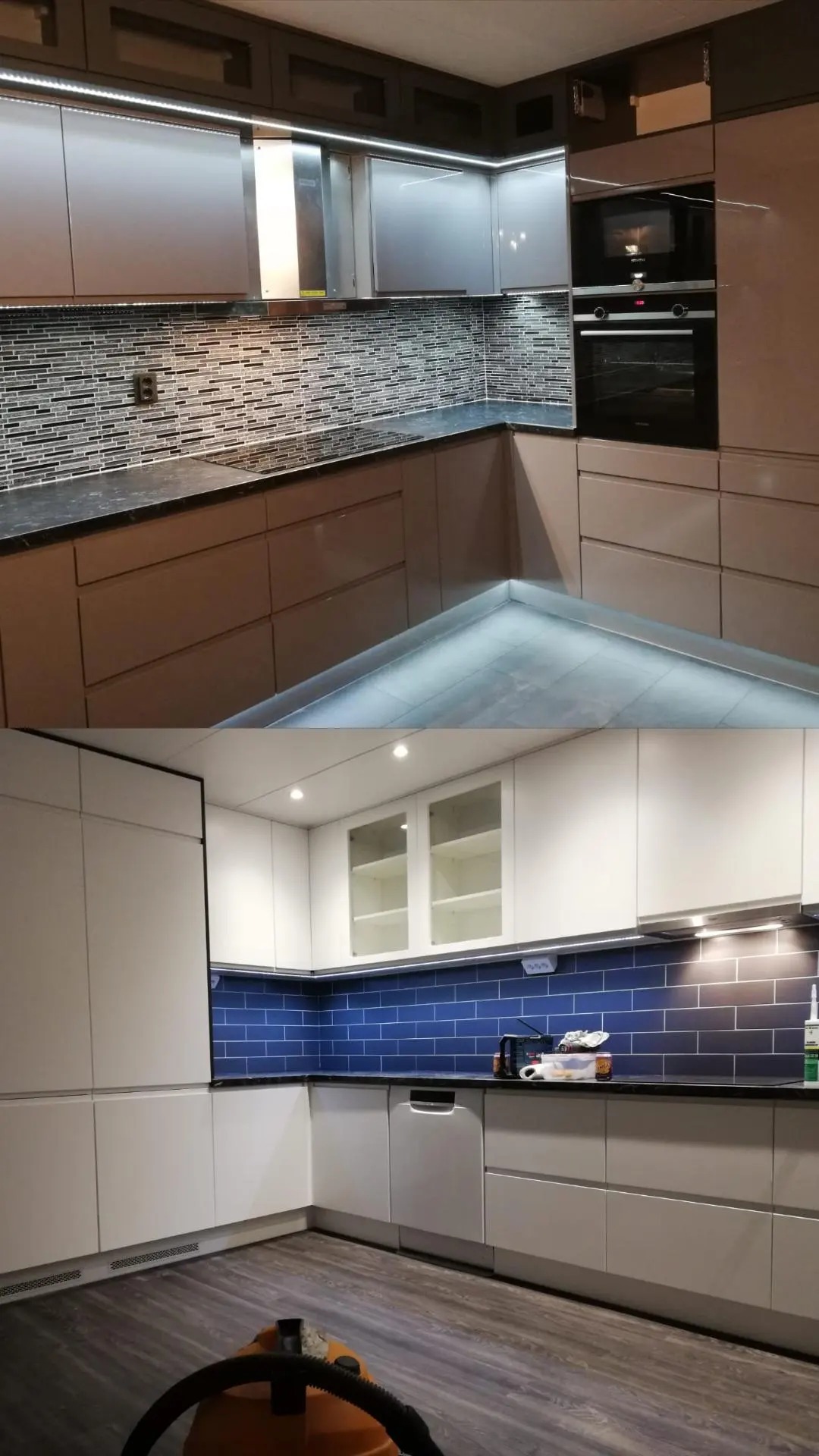 Dwie aranżacje kuchenne: górna z szarymi szafkami, mozaiką nad blatem i oświetleniem LED, dolna z białymi szafkami, niebieskimi płytkami i odkurzaczem na podłodze.