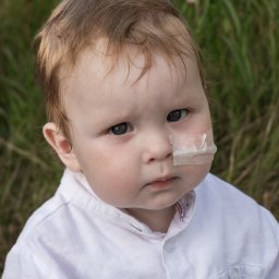 Katarzyna Olkowska Photo Memory - Portret małego chłopca z plastrem na policzku, ubrany w białą koszulę, na tle zielonej trawy i różowych kwiatów.