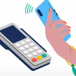 Ilustracja zbliżeniowej płatności telefonem komórkowym przy użyciu terminala płatniczego.