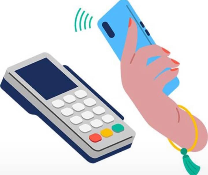 Ilustracja zbliżeniowej płatności telefonem komórkowym przy użyciu terminala płatniczego.