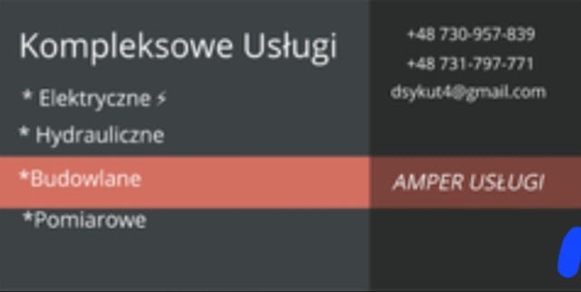 Wizytówka firmy Amper Usługi oferującej kompleksowe usługi elektryczne, hydrauliczne, budowlane i pomiarowe, z podanymi numerami telefonów i adresem e-mail.