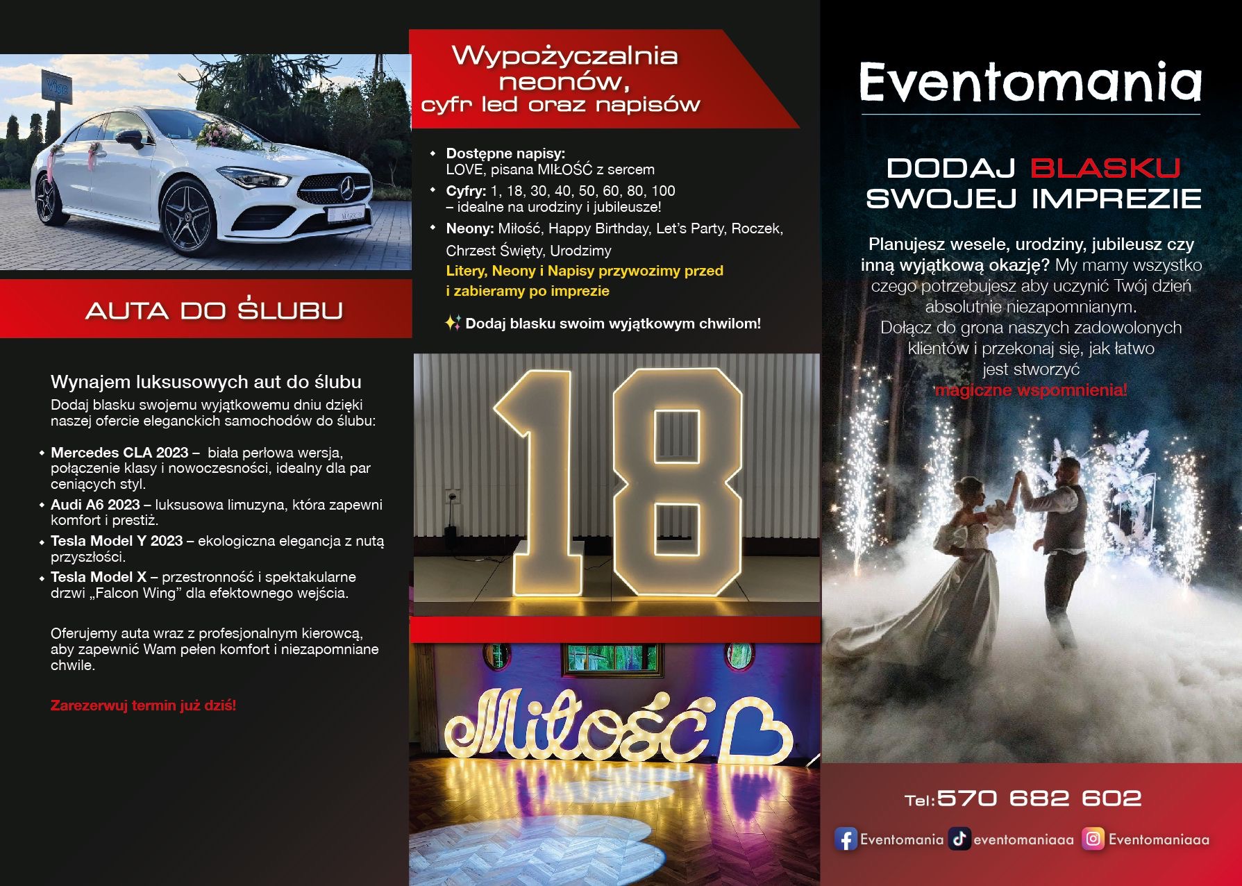 Ulotka reklamowa firmy Eventomania oferującej wynajem aut do ślubu (Mercedes CLA) oraz wypożyczalnię neonów (cyfry LED, napisy 'Miłość') na imprezy okolicznościowe, w tle para tańcząca w oparach...