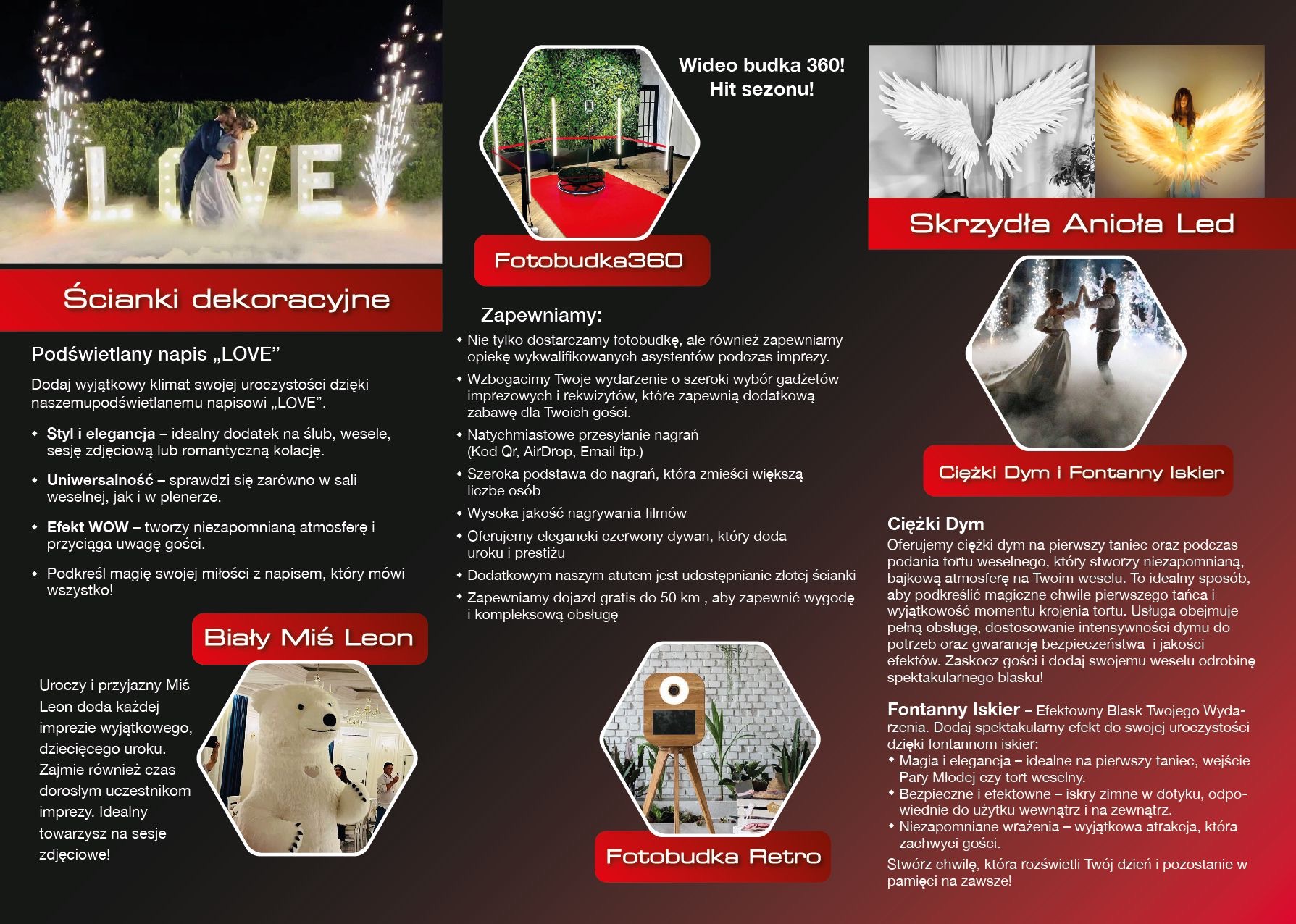 Ulotka reklamowa z ofertą usług na imprezy: podświetlany napis LOVE, budka 360, skrzydła anioła LED, ciężki dym i fontanny iskier, biały miś Leon, budka retro.