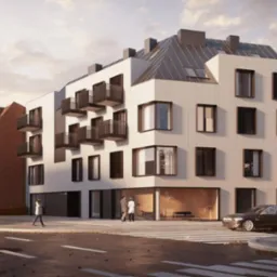 Wizualizacja nowoczesnego, trzypiętrowego budynku z białymi panelami elewacyjnymi i ciemnymi oknami oraz balkonami, usytuowanego obok starszej kamienicy z czerwonej cegły, na tle pochmurnego nieba...