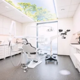 Nowoczesny gabinet stomatologiczny z białymi meblami, specjalistycznym sprzętem, mikroskopem Leica i fototapetą z motywem drzew na suficie, zapewniającą relaksującą atmosferę.