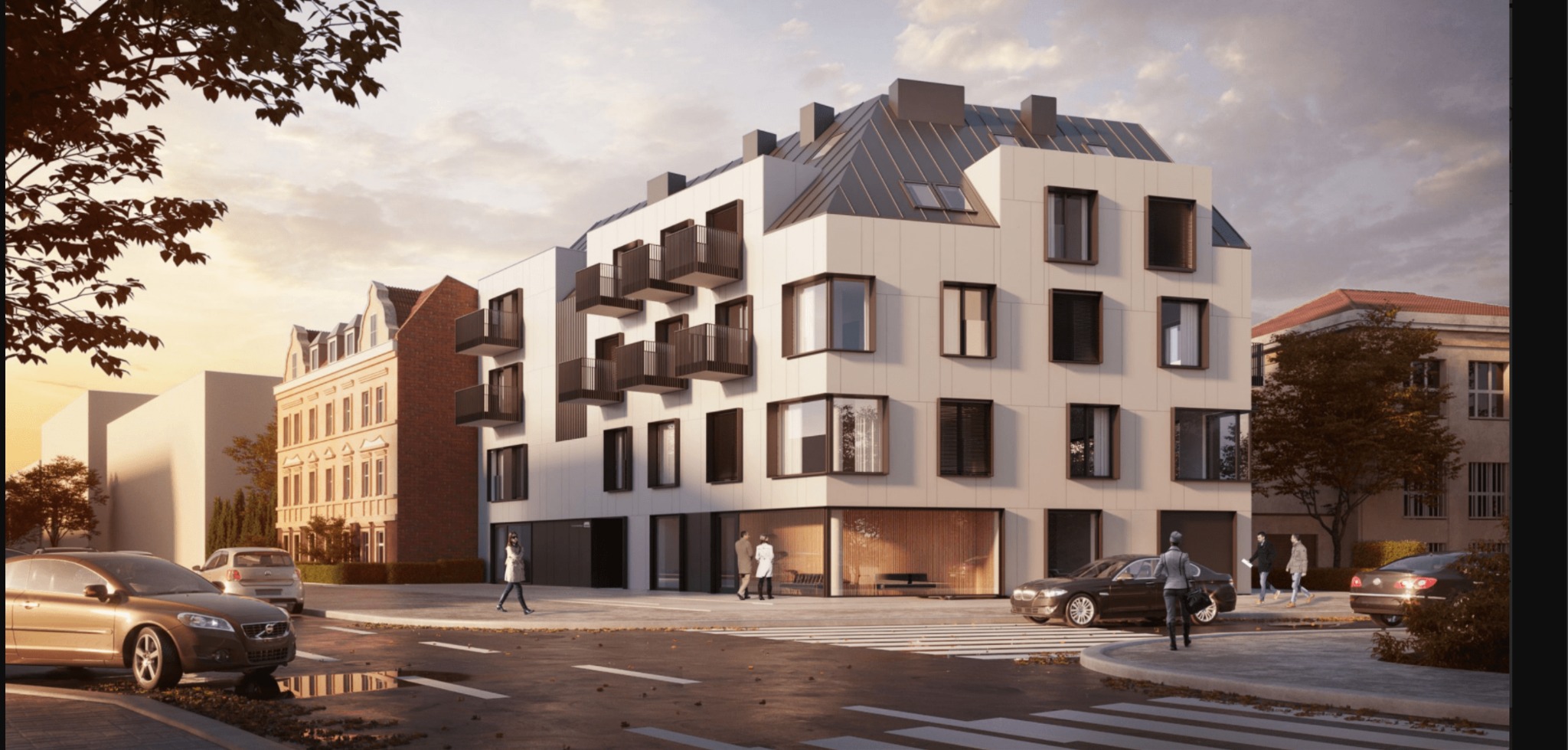 Wizualizacja nowoczesnego, trzypiętrowego budynku z białymi panelami elewacyjnymi i ciemnymi oknami oraz balkonami, usytuowanego obok starszej kamienicy z czerwonej cegły, na tle pochmurnego nieba...