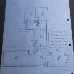 E .L .E .S . Instalacje elektryczne - Ręcznie rysowany plan instalacji elektrycznej na papierze w kratkę, z zaznaczonymi punktami oświetleniowymi, czujnikami ruchu i obwodami. Widoczne symbole i notatki.