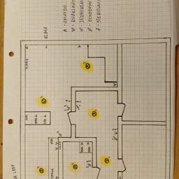 E .L .E .S . Instalacje elektryczne - Ręcznie rysowany schemat instalacji elektrycznej mieszkania na papierze w kratkę, z zaznaczonymi punktami oświetleniowymi i gniazdami. Widoczny plan z opisami pomieszczeń.