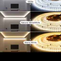 Ilustracja przedstawia porównanie efektu oświetlenia LED w trzech wariantach barw: białym, naturalnym białym i ciepłym białym. Widoczne są fragmenty wnętrz i zwinięte paski LED.