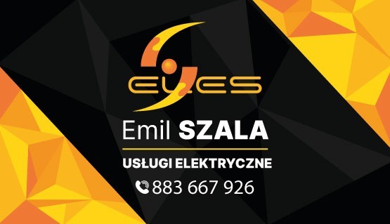 Wizytówka firmy Emil SZAŁA - USŁUGI ELEKTRYCZNE z pomarańczowo-czarnym geometrycznym tłem i numerem telefonu 883 667 926.