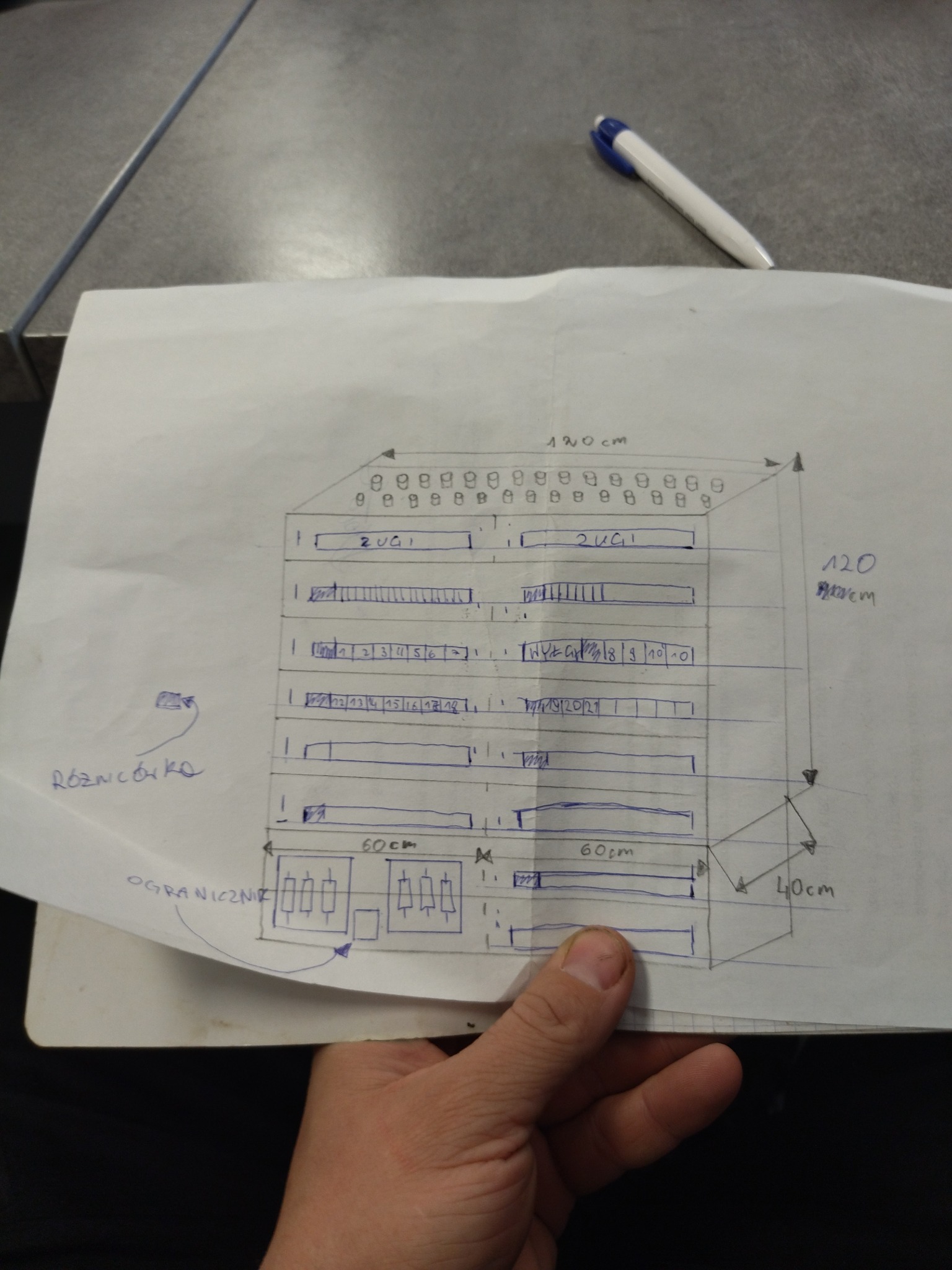 Schemat instalacji elektrycznej narysowany odręcznie na kartce, z naniesionymi wymiarami i opisami, trzymany w dłoni, obok leży długopis.