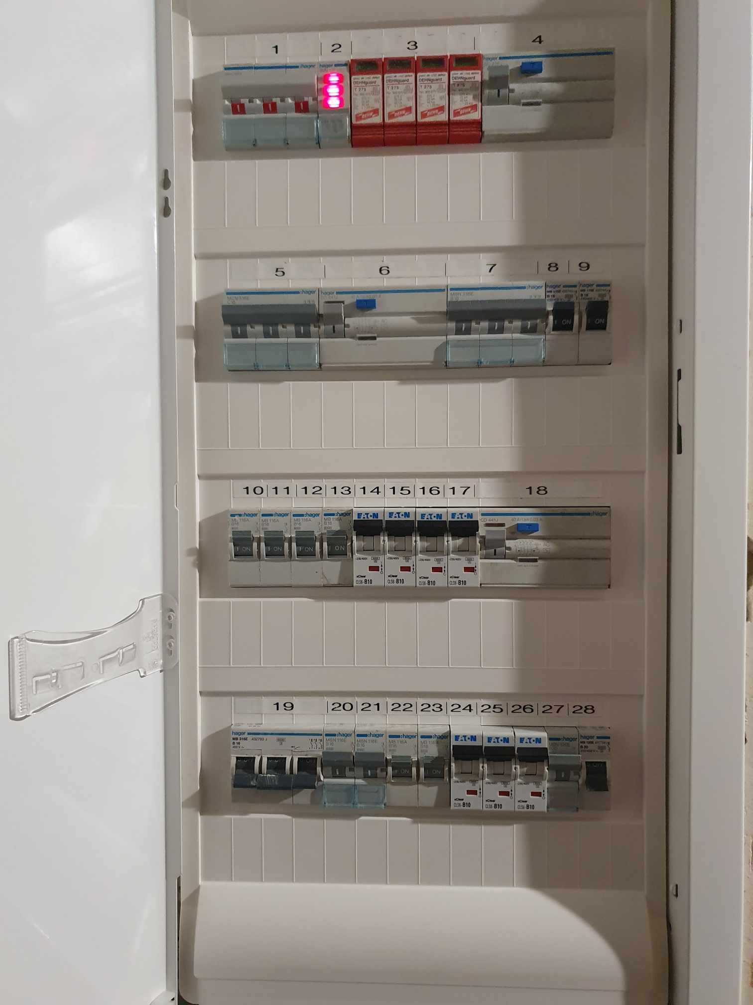 Otwarta skrzynka elektryczna z bezpiecznikami różnych marek (Hager, Eaton, Dehn) i numerami od 1 do 28, widok z bliska.