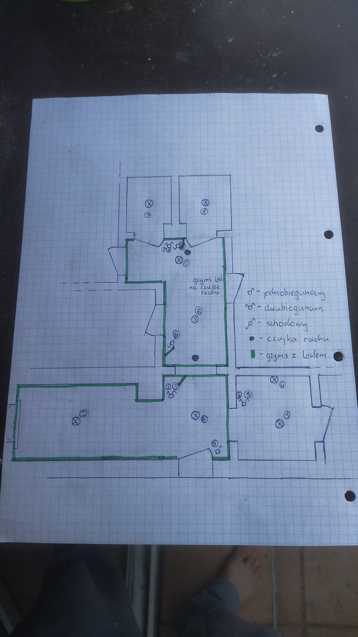 Ręcznie rysowany plan instalacji elektrycznej na papierze w kratkę, z zaznaczonymi punktami oświetleniowymi, czujnikami ruchu i obwodami. Widoczne symbole i notatki.
