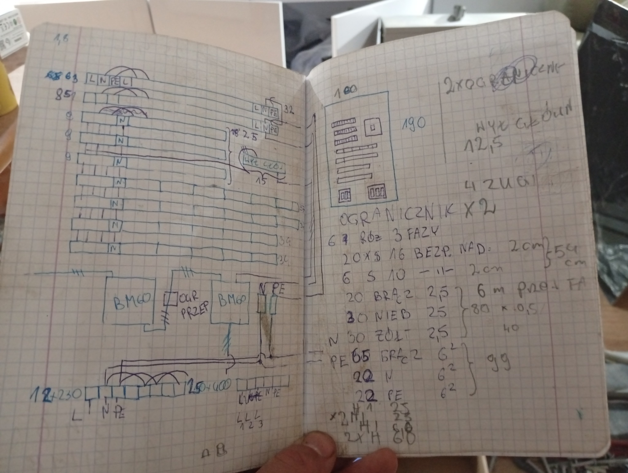 Szkic instalacji elektrycznej, notatki w otwartym zeszycie w kratkę, z detalami technicznymi i oznaczeniami, widoczne symbole L, N, PE oraz wartości liczbowe.