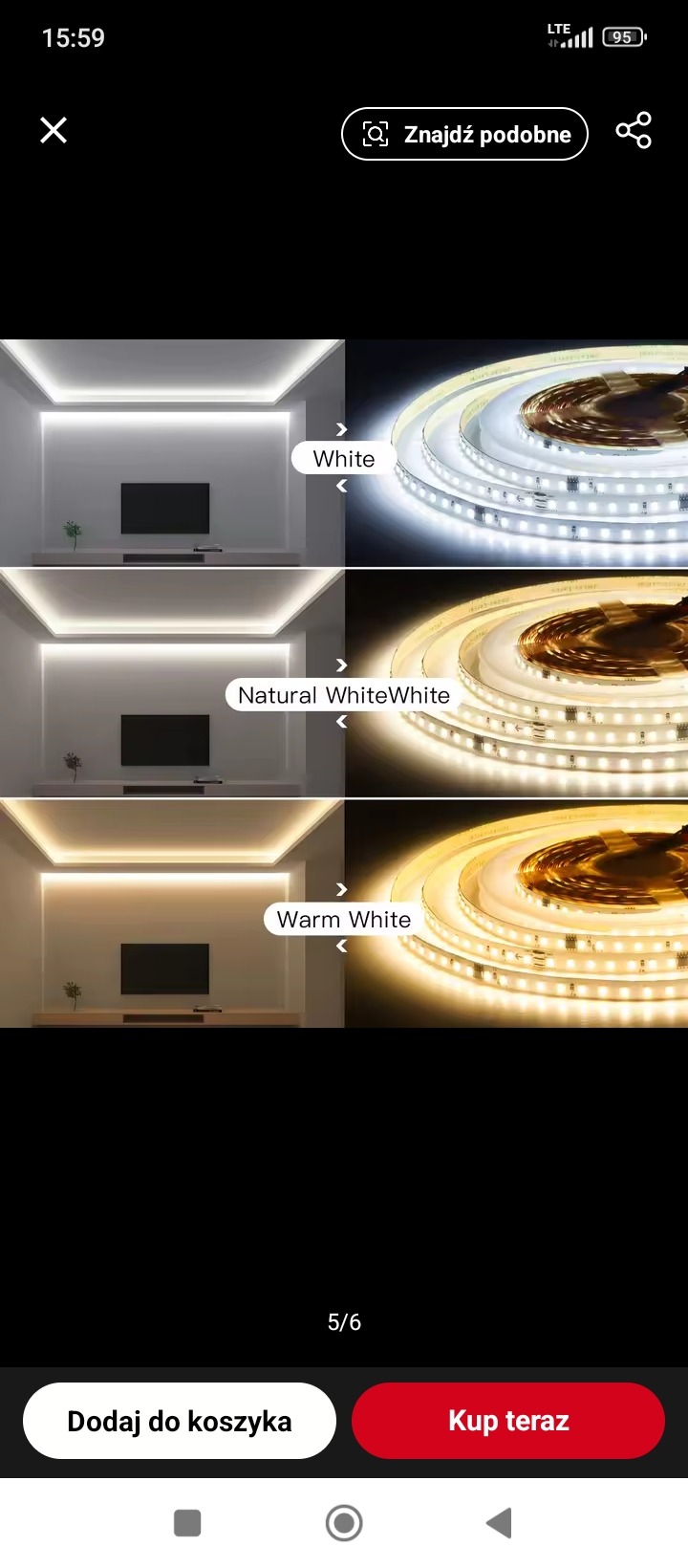 Ilustracja przedstawia porównanie efektu oświetlenia LED w trzech wariantach barw: białym, naturalnym białym i ciepłym białym. Widoczne są fragmenty wnętrz i zwinięte paski LED.