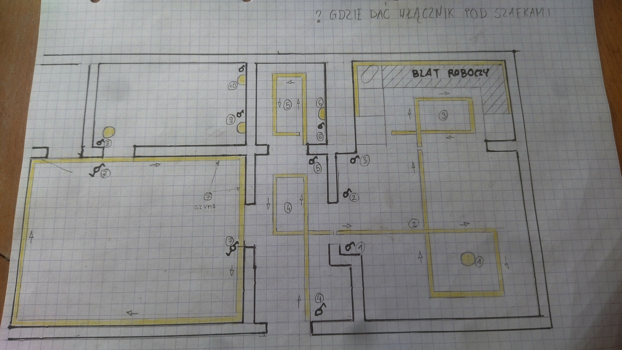 Szkic instalacji elektrycznej na papierze w kratkę, z zaznaczonymi punktami oświetlenia i gniazdek. Plan pomieszczeń z naniesionymi elementami instalacji.