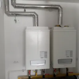 Dwa białe, wiszące kotły gazowe marki Immergas z podłączonymi rurami odprowadzającymi spaliny, zamontowane na białej ścianie w nowym pomieszczeniu z widocznymi gniazdkami elektrycznymi i rurami...