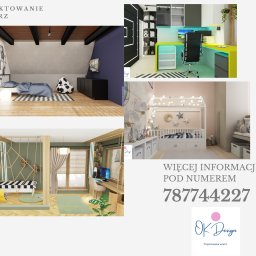 OK DESIGN KATARZYNA BUDZIŁEK - Kolaż przedstawiający cztery różne wizualizacje wnętrz: pokój młodzieżowy z łóżkiem na poddaszu i workiem sako w kształcie piłki, biuro z żółtym biurkiem i czarnym krzesłem obrotowym, pokój...