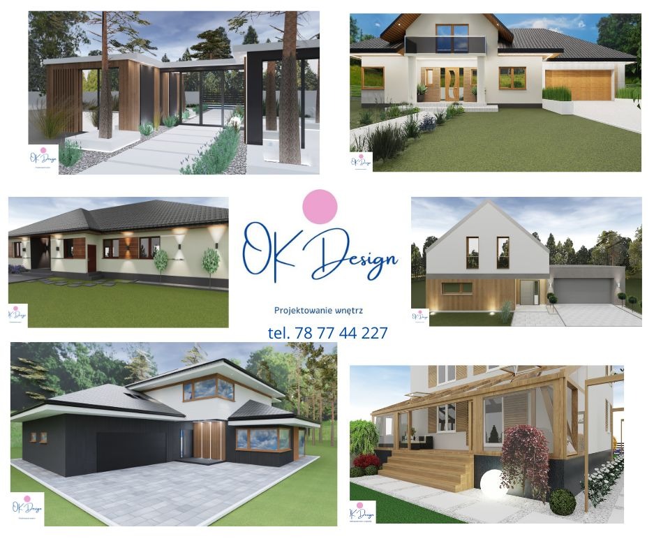 Kompilacja wizualizacji zewnętrznych domów jednorodzinnych w różnych stylach, prezentująca nowoczesne fasady, tarasy z elementami drewnianymi i zadbane ogrody, z subtelnym logo firmy projektowej...