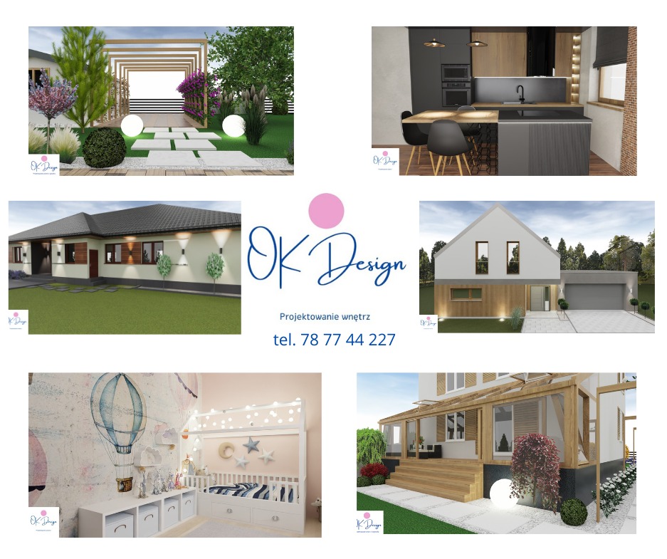 Kompilacja wizualizacji projektów wnętrz i ogrodów od OK Design, obejmująca aranżacje pokoju dziecięcego z motywem balonu, nowoczesnej kuchni z wyspą, domu z garażem oraz ogrodu z drewnianą pergolą...