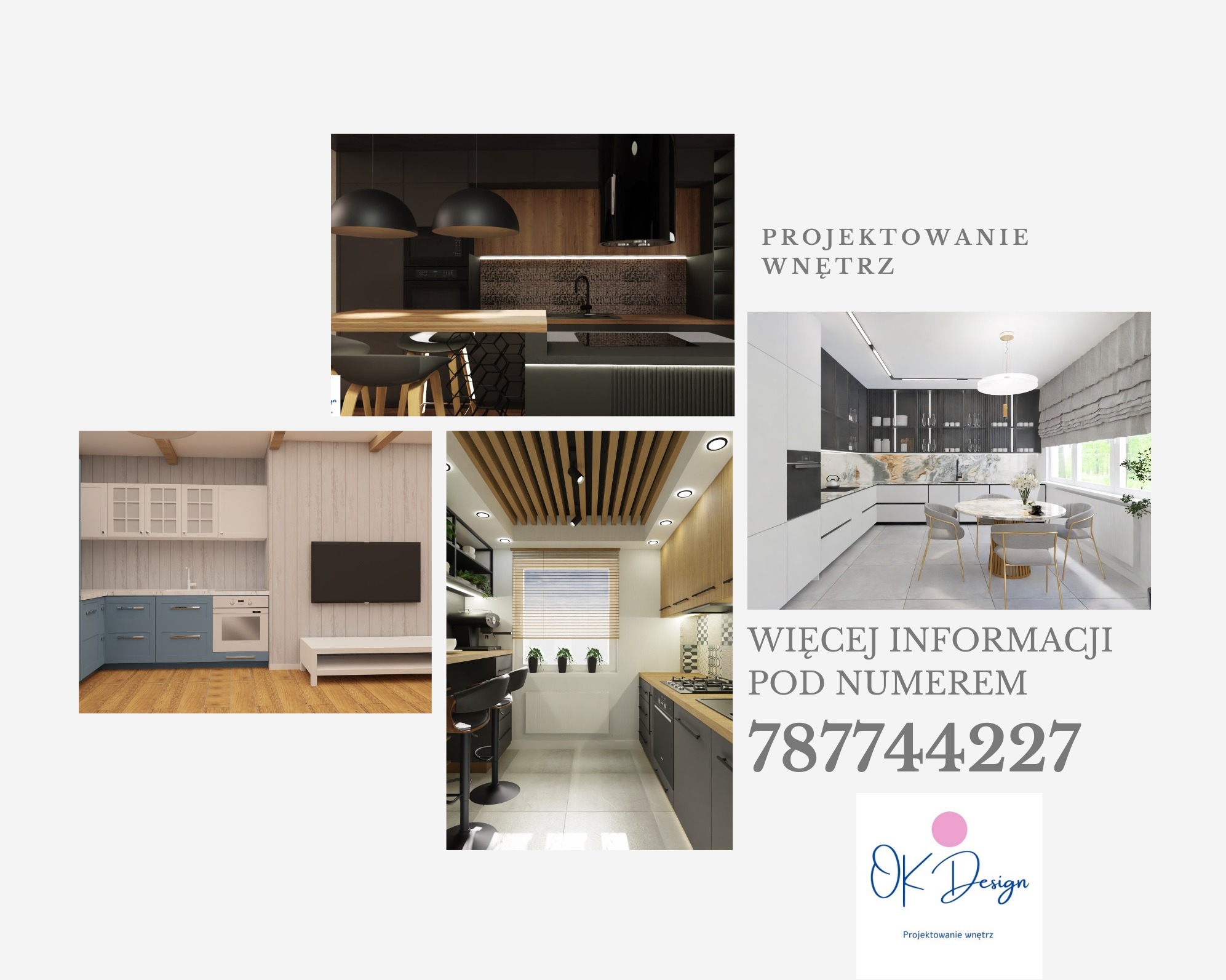 Kolaż prezentujący trzy różne aranżacje kuchni: nowoczesna czarna kuchnia z drewnianym blatem i designerskimi lampami, jasna kuchnia w stylu skandynawskim z niebieskimi szafkami i drewnianą podłogą...