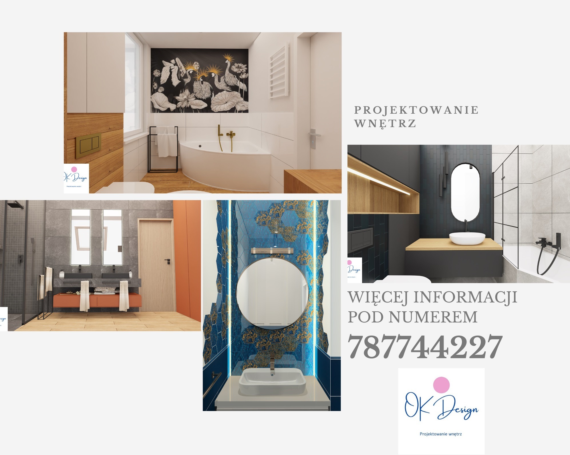 Kolaż przedstawiający trzy różne aranżacje łazienek: pierwsza z wolnostojącą wanną i czarno-białą tapetą, druga z podwójną umywalką i pomarańczową szafką, trzecia z niebieską mozaiką i okrągłym...