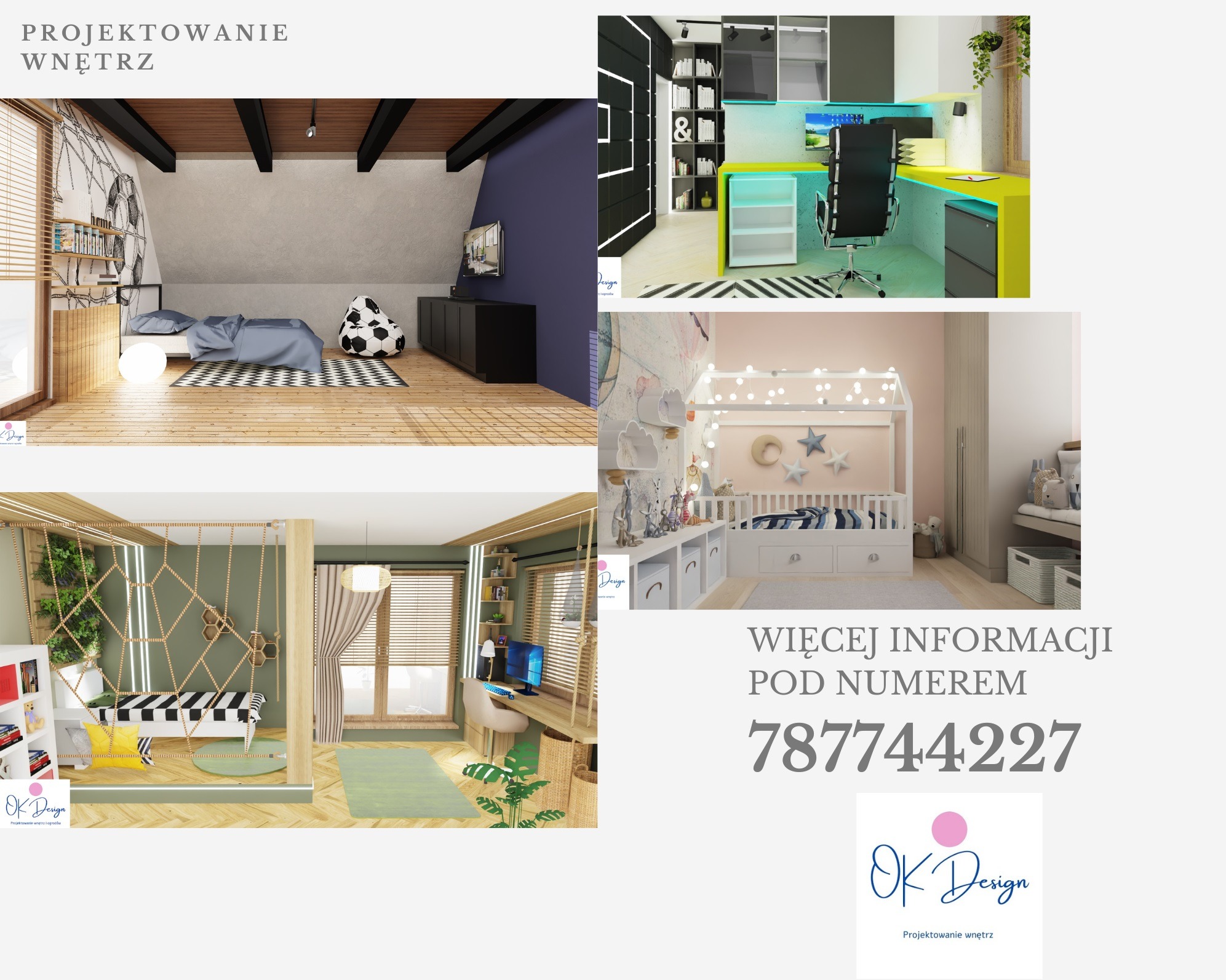 Kolaż przedstawiający cztery różne wizualizacje wnętrz: pokój młodzieżowy z łóżkiem na poddaszu i workiem sako w kształcie piłki, biuro z żółtym biurkiem i czarnym krzesłem obrotowym, pokój...