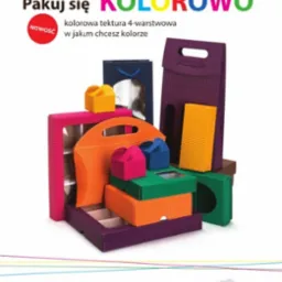 Kolorowe, tekturowe pudełka i torby prezentowe w różnych kształtach i odcieniach, ułożone warstwowo na białym tle, prezentowane na ulotce reklamowej producenta.