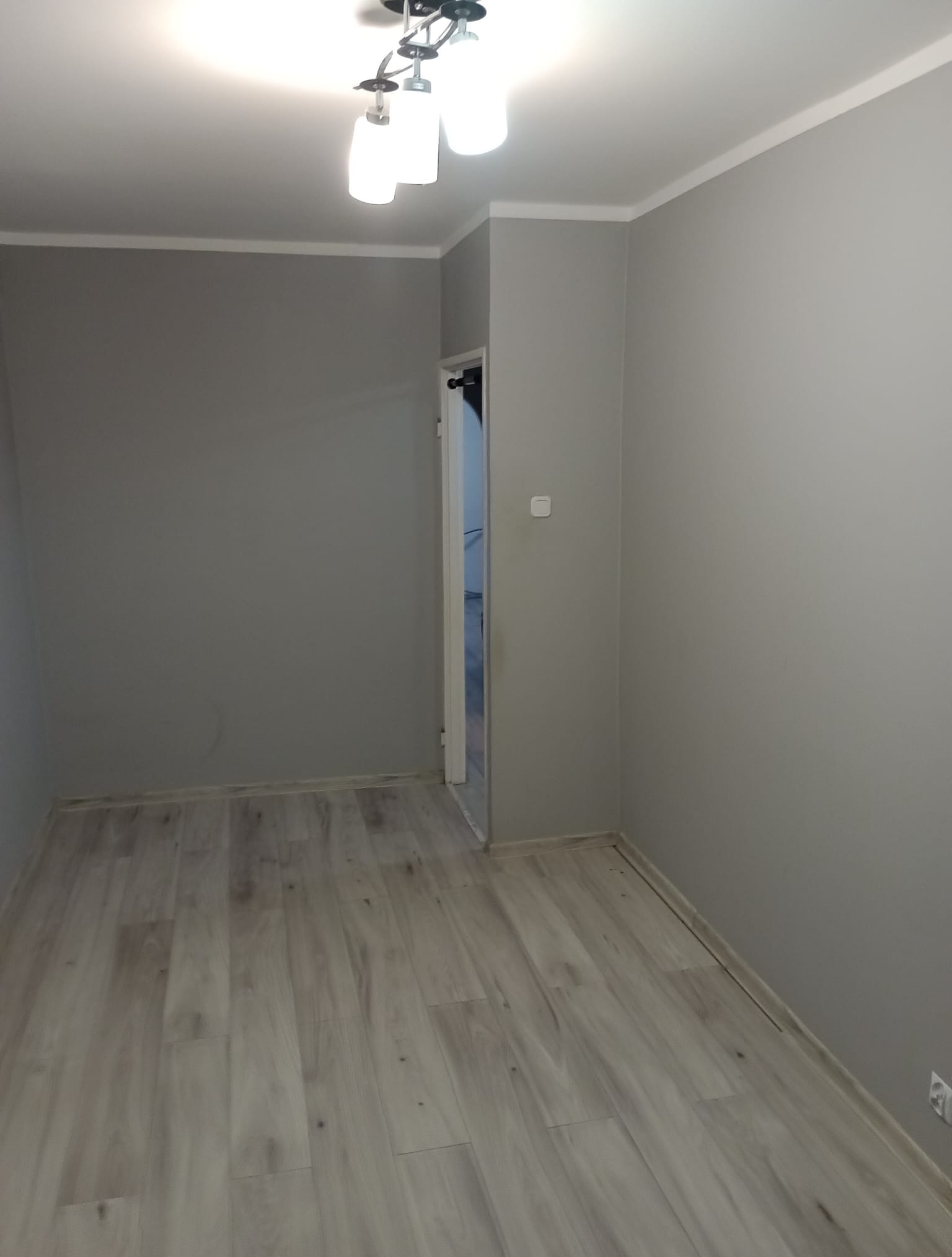 Szare, świeżo pomalowane wnętrze pokoju z jasną podłogą imitującą drewno. Widoczna lampa sufitowa i fragment drzwi.
